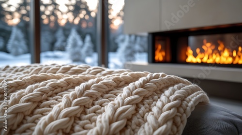 Warm knitted throw blanket close to contemporary fireplace with bright burning fire, creating cozy interior decor and comfortable winter atmosphere with outdoor snowy forest background view