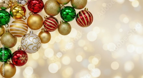 Festive Christmas Ornaments In Gold Red And Green With Blurred Background Photo