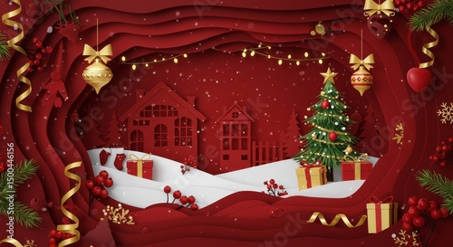 Festive Christmas Scene Paper Cut Design with Red and Gold Decorations