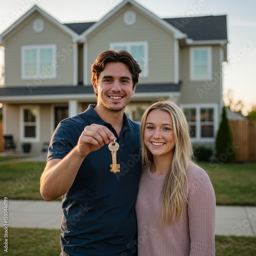Photo of Happy Couple Holding Key in Front of New Home Outdoors