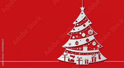 Festive Christmas Tree Illustration On Red Background with Paper Cutout Elements