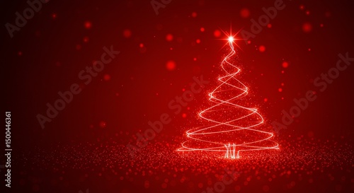 Festive Christmas Tree Illustration on Red Background with Sparkling Lights and Star