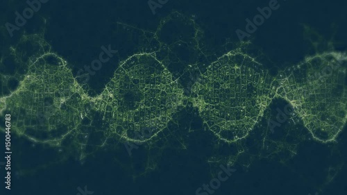 When cyan glows flickering, green threads forming clusters pulsing sinewave tracing zigzag light