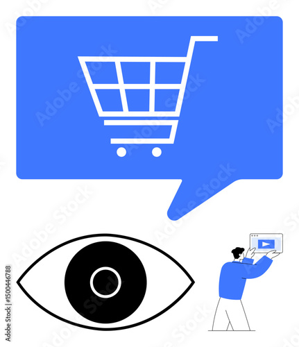 Shopping cart in speech bubble representing e-commerce, eye symbol for analytics, and figure holding content creation screen. Ideal for marketing, digital advertising, online sales, content strategy