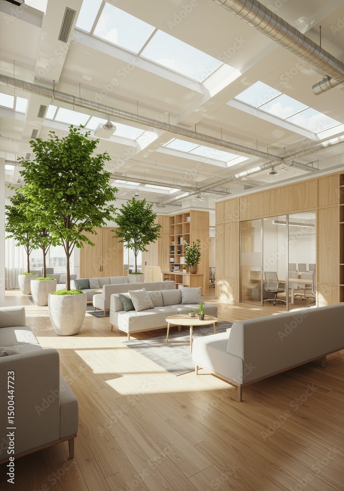 Photo of Modern Interior Lounge with Trees Wooden Floor and Bright Lighting Photo of Modern Interior Lounge with Trees Wooden Floor and Bright Lighting