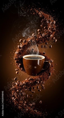 Photo Of Coffee Cup With Floating Coffee Beans And Splash On Brown Background