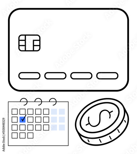 Credit card, marked calendar with a check, and coin symbolizing budgeting, payments, and savings. Ideal for finance, money management, online transactions, budget planning payment reminders