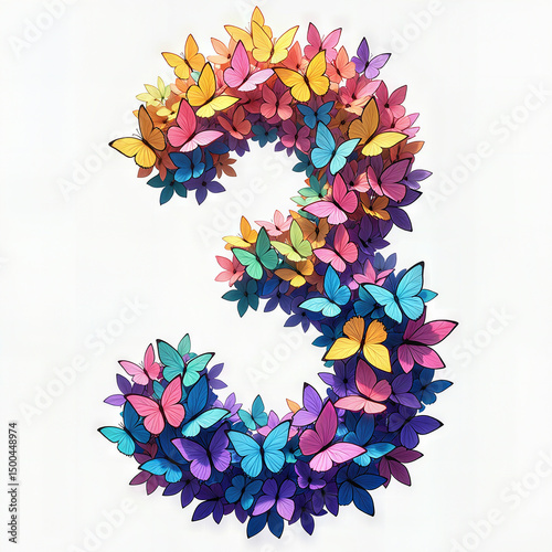 Birthday number three crafted from vibrant butterflies on a white background. photo