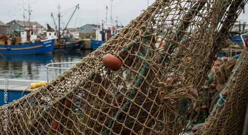 Photo Of Fishing Nets Overlooking Boats In Harbor On A Cloudy Day