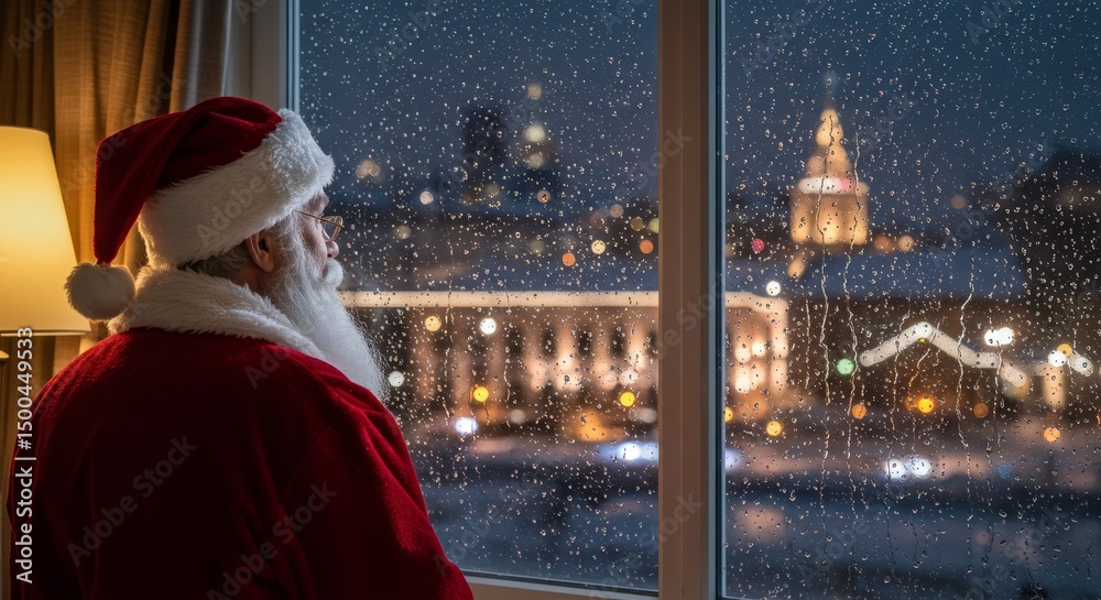 Obraz premium Photo Of Santa Claus Looking Out Of Window At Night Cityscape With Snow