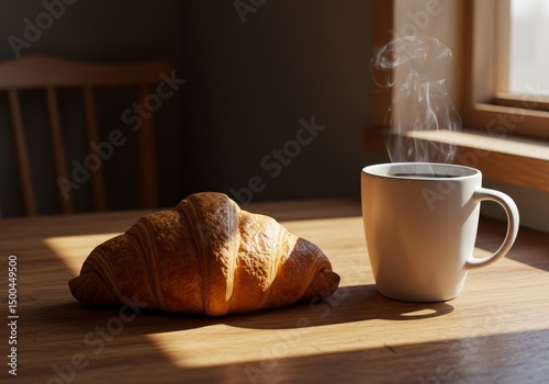 Photo of Fresh Croissant and Coffee Cup on Wooden Table in Warm Morning Light