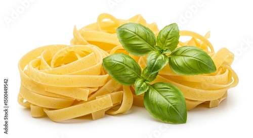 Photo of Fresh Pasta Tagliatelle with Green Basil Leaves on White Background