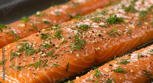 Photo of Fresh Raw Salmon Fillets Prepared with Herbs and Spices