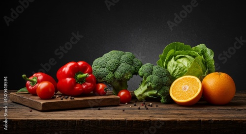Photo of Fresh Vegetables Including Broccoli Pepper Tomato and Orange on Wood