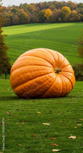 Photo Of Giant Pumpkin On Green Grass Field With Trees And Foliage Background