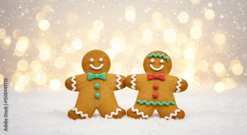 Photo of Gingerbread Men with Bowties on a Snowy Background with Bokeh Lights