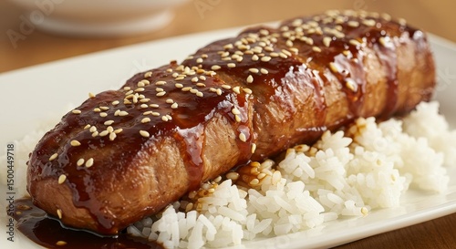 Photo of Glazed Salmon with Sesame Seeds on Rice and White Plate