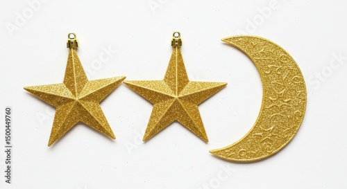Photo of Gold Glitter Stars And Crescent Moon Decorations on White Background