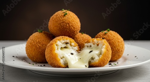 Photo of Golden Brown Crispy Arancini on White Plate with Melting Cheese