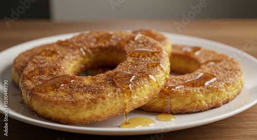 Photo of Golden Doughnuts with Honey Drizzled on White Plate and Wooden Table