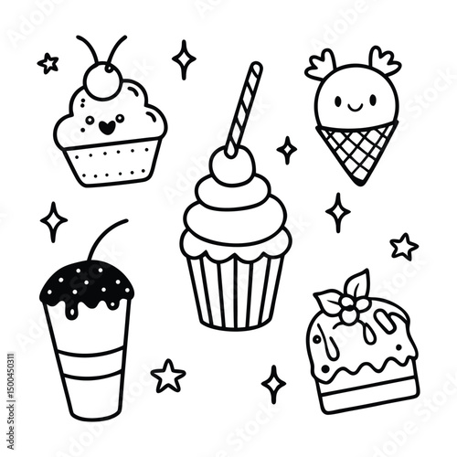 Sweet dessert collection with cupcakes, ice cream, and stars in black and white