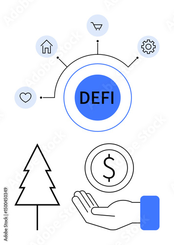 DEFI hub surrounded by finance, home, shopping, love, and gear icons, with tree, hand, and dollar coin. Ideal for fintech blockchain economy sustainability minimal design innovation simple