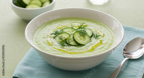 Photo Of Green Cucumber Soup In White Bowl With Olive Oil and Dill