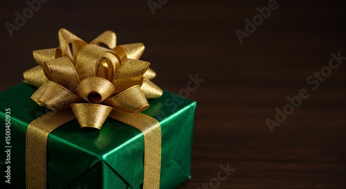 Photo of Green Gift Box with Gold Bow on Wooden Surface