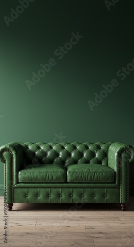 Photo of Green Leather Sofa With Tufted Design Against Green Wall