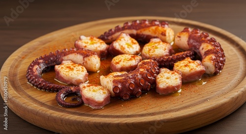 Photo Of Grilled Octopus On Wooden Board With Seasoning Closeup Detail