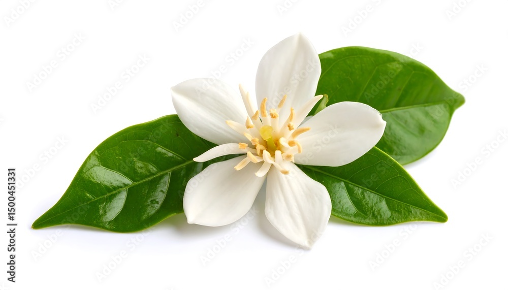 Obraz premium White flower with green leaves, and isolated.