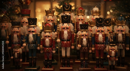 Photo of Grouped Nutcrackers in Festive Attire Against Blurred Background