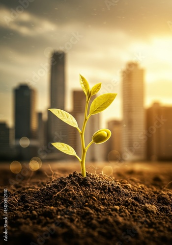 Photo of Growing Green Plant Sprout Against Cityscape Background With Golden Light