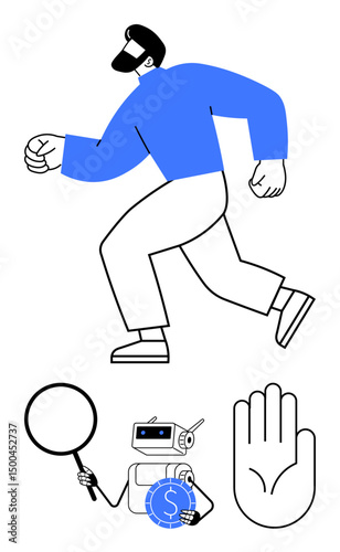 Stylized walking person, magnifying glass, robot with money icon, and stop hand. Ideal for AI development, data search, finance, ethics caution analysis and decision-making. Bold flat simple