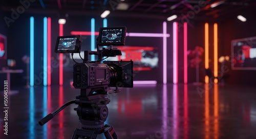 Recording an interview on camera in a television studio with a blurred background, demonstrating media technologies. Creation of a conceptual television studio