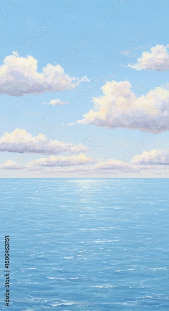 Obraz premium Illustration of Calm Blue Ocean under a Cloudy Sky with Daylight