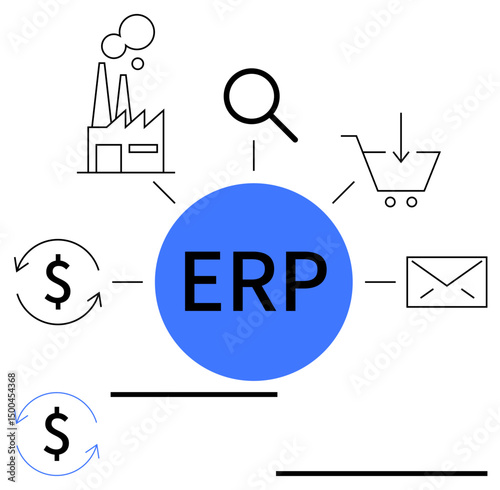 Central blue ERP surrounded by factory, magnifying glass, shopping cart, email, dollar icons, and arrows. Ideal for business process, automation, resource planning e-commerce finance digital