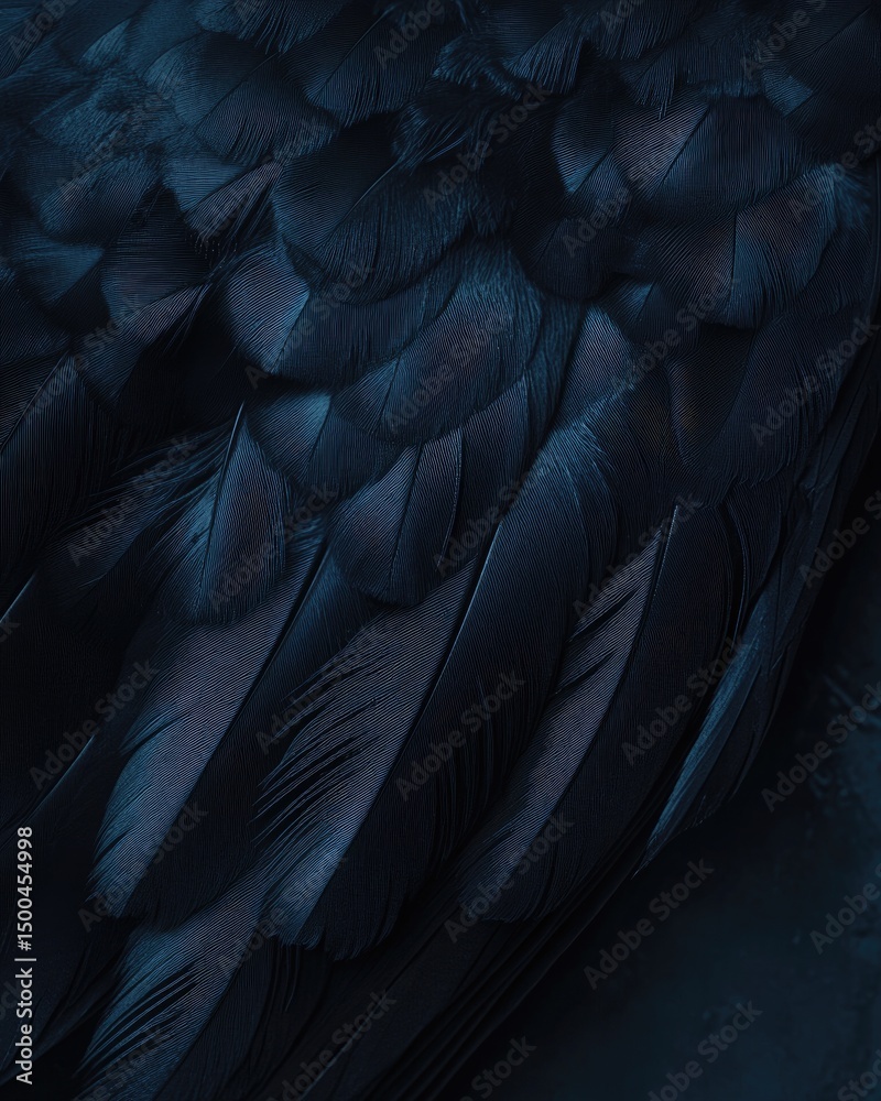 Obraz premium Close-up of dark, overlapping feathers, showing intricate texture and subtle variations in deep blue-black hues; a moody, almost shadowed image