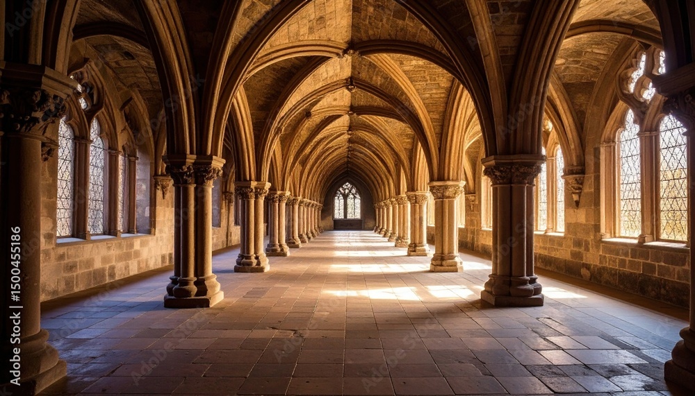 Fototapeta premium Gothic Cloister Sunlight Architecture.
