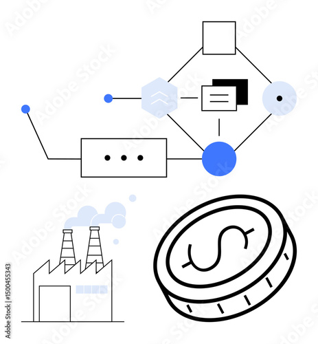 Factory with chimneys, coin with dollar sign, interconnected workflow diagram. Ideal for finance, manufacturing, process optimization, automation, business strategy industry 4.0 simple landing page