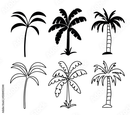 Tropical Palm Tree and Banana Tree Silhouette and Line Art Collection with Minimal Island Style