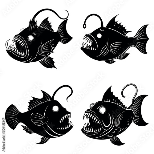 Silhouette illustration of deep sea anglerfish with sharp teeth and glowing lure in dark style