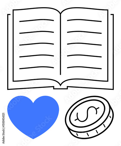 Open book with lined pages, blue heart symbol, and dollar coin outline. Ideal for education, learning, passion, finance, motivation, charity business ethics and simple landing page