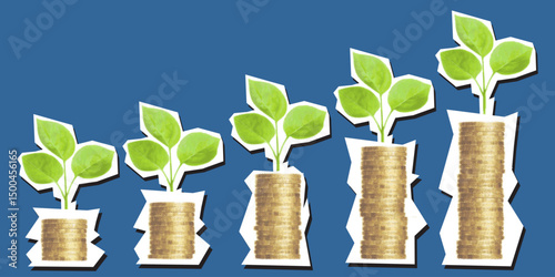 money investment dotted collage element pointilize coin stack and sprout plant in paper torn  vector asset allocation, profit gain, economic return. for finance apps, wealth strategy, capital market
