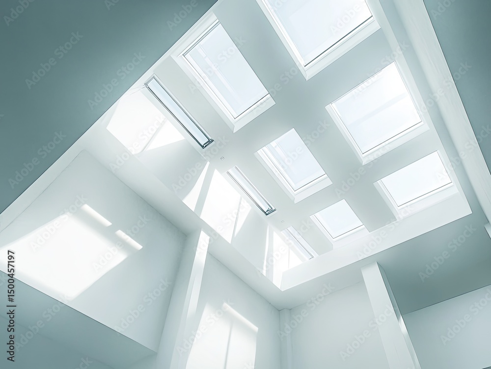 Obraz premium Modern architecture featuring a grid of skylights illuminating a minimalist white interior, casting soft shadows on the walls
