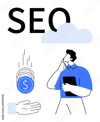 SEO text, cloud, coins falling into an open hand, thoughtful man holding a tablet. Ideal for digital marketing, web optimization, idea generation, data analysis, strategy planning sessions simple