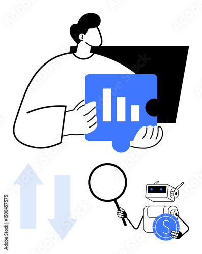 Man assembling data chart, robot holding magnifier and dollar clock, arrows showing changes. Ideal for data analysis, teamwork, technology integration, AI innovation, decision making, finance trends