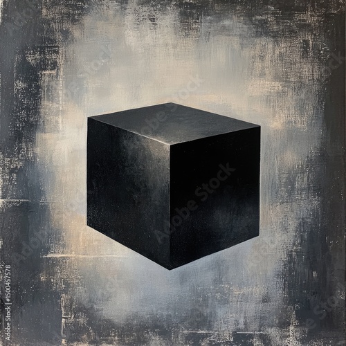 Wallpaper Mural A dark, matte cube centrally positioned against a textured, greyish-blue background featuring subtle, faded edges.  The cube appears weighty and solid, subtly illuminated Torontodigital.ca
