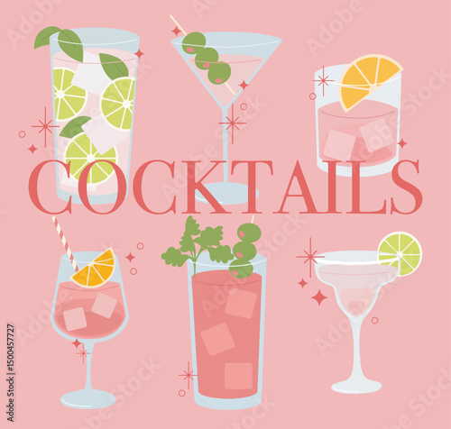 Set of cute girly cocktails illustration. Coquette pink drinks vector.