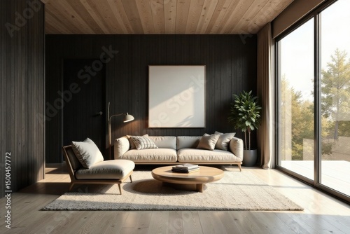 Modern Minimalist Living Room Interior Design with Large Empty Frame Above Beige Sofa and Light Oak Flooring